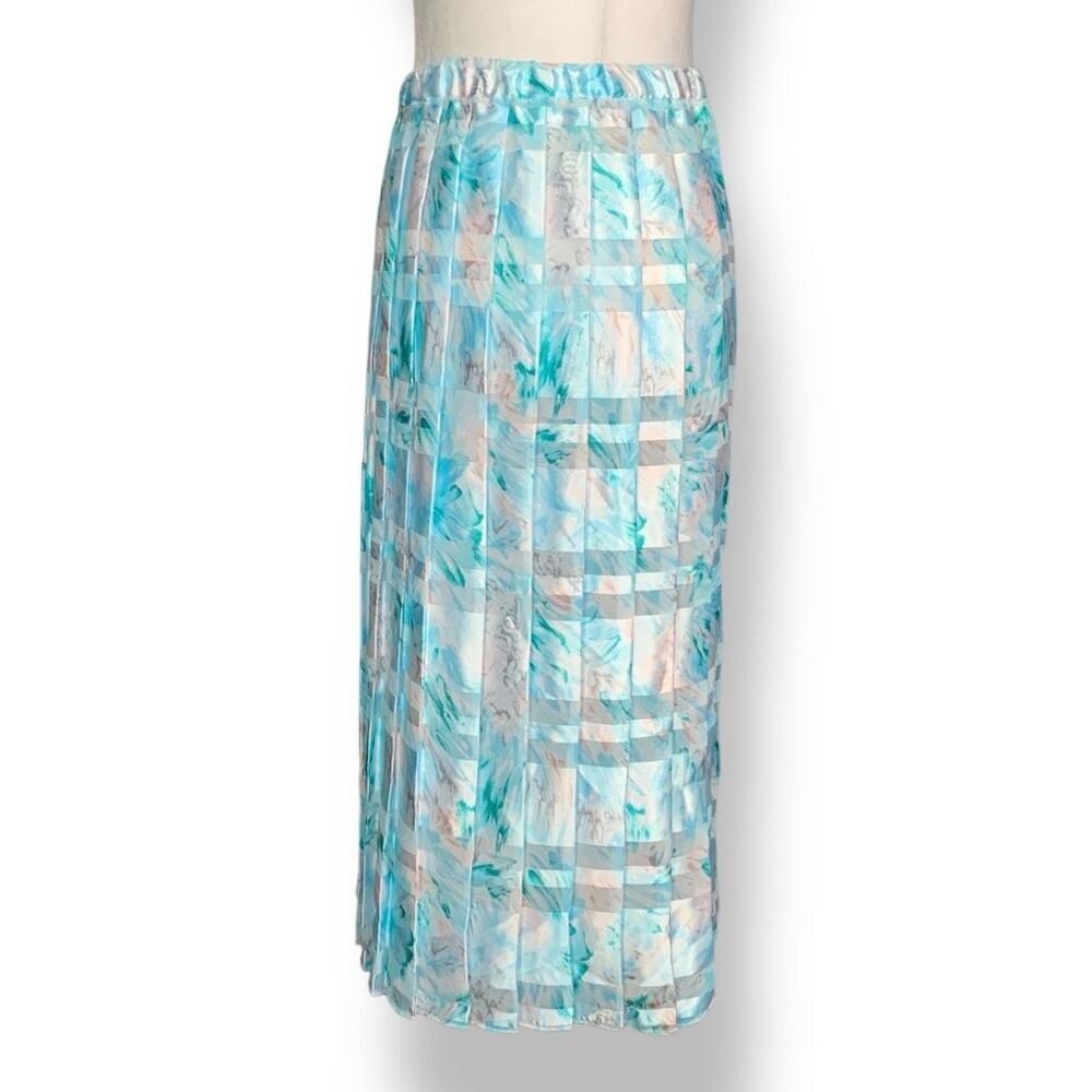 Vintage 90s Midi Skirt Plaid Floral Pastel Blue Baby Pink Semi Sheer Pleated
